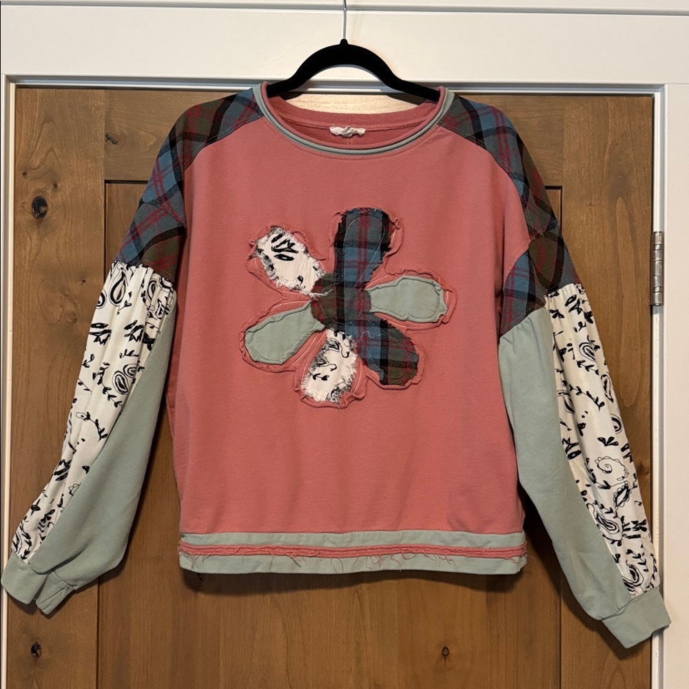 Patchwork Floral Accent Sweatshirt - Pink & Sage